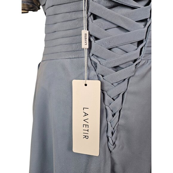 Lavetir Womens Dusty Blue Pleated V-Neck Chiffon Midi Dress Size 4 Lace-Up Back - Picture 5 of 12